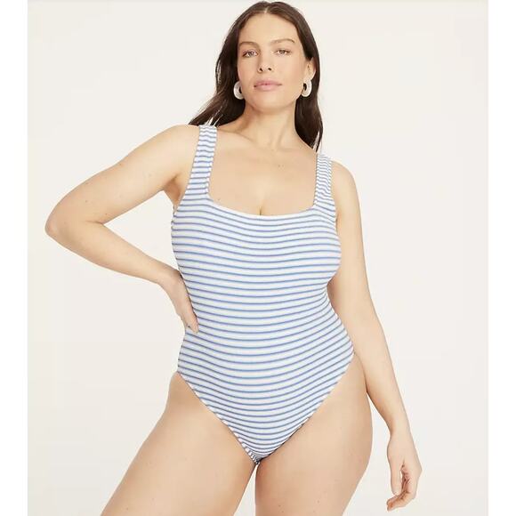 New J. Crew Striped Textured Square Neck One-Piece Swim Bathing Suit Women's 24 - Picture 1 of 8